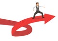 Business metaphor of businesswoman surfing on a red arrow wave