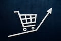 Business metrics on the move shopping cart logo accompanies upward graph