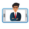 Business mobile application, businessman in smartphone cartoon flat vector illustration concept on isolated whit Royalty Free Stock Photo