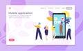 Business mobile application design development, vector illustration. People near large smartphone work at app interface