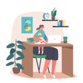 Business Mom at Home Office Workplace. Young Mother Character Work on Laptop with Little Child Sitting on Knees Painting Royalty Free Stock Photo