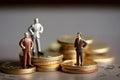 Business Money , three businessman miniature figures people standing on top of stack of gold coin on table, generative AI