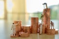 Business, Money, Planning and Saving Concept. Close up of group of worker cleaning and painting stack of coin