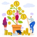 Business money tree, vector illustration. Finance coin profit after investment concept, plant with cartoon financial Royalty Free Stock Photo