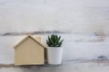 Business, Mortgage, Home Loan Concept. Closeup of wooden mini house toy with green plant pot on wooden table