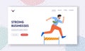 Business Motivation Landing Page Template. Businessman Competes In A Race, Jumping Over Obstacles To Reach The Finish