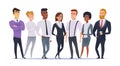 Business multinational team. Working managers in casual clothes ethnic characters in office exact vector cartoon