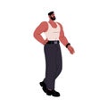 Business muscular man with athletic arms. Bearded bodybuilder with strong body, sturdy figure. Serious businessman in