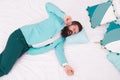 Business never sleeps. Bearded man yawn in business suit. Hipster lying in bed. Business elegant attire. Formalwear and Royalty Free Stock Photo