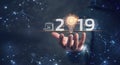 Business new year 2019. Businessman holding light bulb with icon business marketing and brain structure, innovative and software d Royalty Free Stock Photo