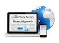 Business news feed on mobile devices and globe