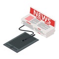 Business news icon isometric vector. Newspaper stack near digital tablet icon