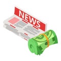 Business news icon isometric vector. Newspaper stack and rolled dollar bill icon