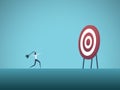Business objective and strategy vector concept. Businesswoman throwing dart at target. Symbol of business goals, aims