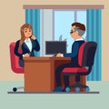 Business office conversation. Sitting businessman consultant and woman meet to interview talking work vector concept