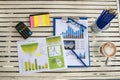 Business office desk with annual report, calculator, cup of coffee and pencil place on wooden table, working space at home. Desk Royalty Free Stock Photo