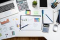 Business office desk with graph or annual report with laptop, pen calculator Royalty Free Stock Photo