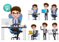 Business office desk vector character set. Business man character sitting and working in office desk. Royalty Free Stock Photo