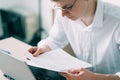 Business office focus scientist studying paperwork