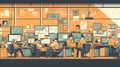 business office interior workplace people working and communicating flat design illustration generative AI