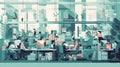 business office interior workplace people working and communicating flat design illustration generative AI