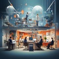 business office interior workplace people working and communicating flat design illustration generative AI Royalty Free Stock Photo