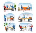 Business office with people work set, vector illustration. Team man woman character at flat job, cartoon person computer Royalty Free Stock Photo