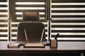 Business office workplace. Sunlight at work place for chief, boss or other employees. Table and comfortable chair. Light through Royalty Free Stock Photo