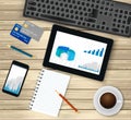 Business office workplace.Top view. Tablet with financial graph on screen, coffee cup, smartphone, credit cards,notepad Royalty Free Stock Photo