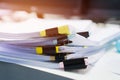 Business offices busy concept. Unfinished documents stacks of paper files on office desk for report papers, piles of unfinish Royalty Free Stock Photo