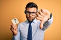 Business operator man with customer service headset from call center showing question mark with angry face, negative sign showing Royalty Free Stock Photo