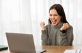 Excited young woman entrepreneur looking at laptop screen, celebrating success Royalty Free Stock Photo