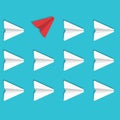 Business opposition concept. Red paper airplane flying in the opposite direction. Vector illustration