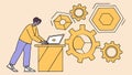 Business optimization: person working with laptop and interconnected gears, vector design Generative AI Royalty Free Stock Photo