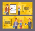 Business oratory courses set of banners vector illustration. Woman and man standing near presentation with chart with