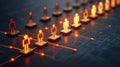 Business oriented visualization of glowing orange figures connected in a hierarchical structure over a dark blue digital grid,