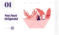 Business or Origami Hobby Concept Website Landing Page. Young Happy Couple Stand in Paper Ship