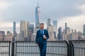 Business outdoor portrait. Middle age businessman in NYC street. Mature age, mid adult man in 40s walk at Manhattan Royalty Free Stock Photo