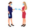 Business in pandemic of disease. Two businesswomen shaking hands in medical gloves and medical masks on face. Flat design.