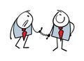 Business partner, boss restricted freedom of employee in commercial firm. Two stickman chained and handcuffed. Vector