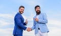 Business partner confirming deal transaction. Business deal approved accepted by both partners. Men formal suits shaking Royalty Free Stock Photo