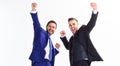 Business partners celebrate success. Business achievement concept. Office party. Celebrate successful deal. Men happy Royalty Free Stock Photo