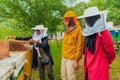 Business partners with an experienced senior beekeeper checking the quality and production of honey at a large bee farm Royalty Free Stock Photo