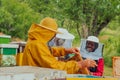 Business partners with an experienced senior beekeeper checking the quality and production of honey at a large bee farm Royalty Free Stock Photo