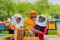 Business partners with an experienced senior beekeeper checking the quality and production of honey at a large bee farm Royalty Free Stock Photo