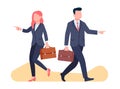 Business partners go separate ways. Successful man and woman in suits walking with briefcases. Opposite path directions Royalty Free Stock Photo