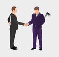 Business partners shake hands holding arms behind their backs. Conflict between two worker. Concept iDea of Bad Business People.