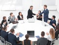 Business partners shake hands at the talks near the round table Royalty Free Stock Photo