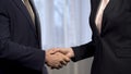 Business partners shaking hands after agreement signing, collaboration, deal Royalty Free Stock Photo