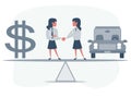 Business partners shaking hands as a symbol of unity. Business people standing on seesaw between car and dollar sign Royalty Free Stock Photo